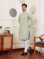 Green Viscose Woven Jacquard Work Men's Rajwadi Kurta Set - Mahotsav | Grocsy