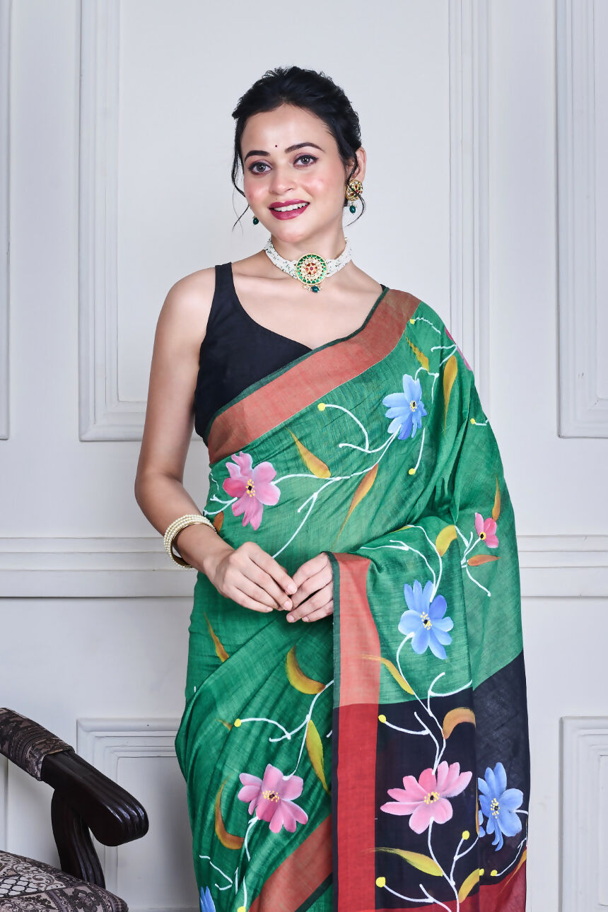 Morchari Multicolour Cotton Handloom Mirror Work Saree Unstitched Blouse | Grocsy