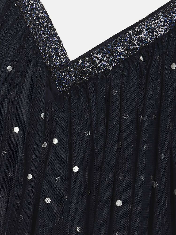 Ahalyaa Navy Blue Net Asymmetric Kids Top With Skirt For Girls | Grocsy