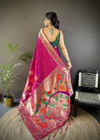 Joban Fashion Dark Pink Zari Woven Floral Motifs Soft Silk Paithani Silk Saree | Grocsy