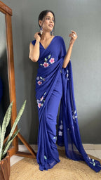 Aayaa Designer 1 min Hand Painted Ready to Wear saree - Navy Blue | Grocsy
