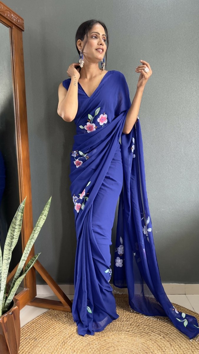 Aayaa Designer 1 min Hand Painted Ready to Wear saree - Navy Blue | Grocsy