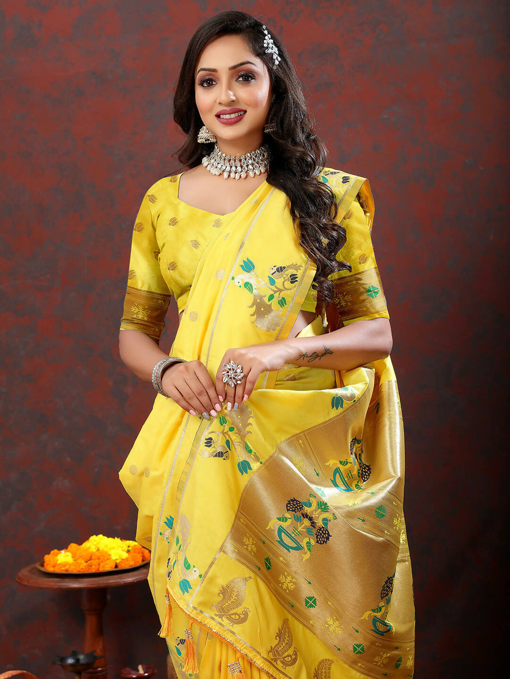Lorenvalley Fashion Yellow Soft Paithani Silk Woven Design Gold Zari Meenakari Weaving Saree | Grocsy