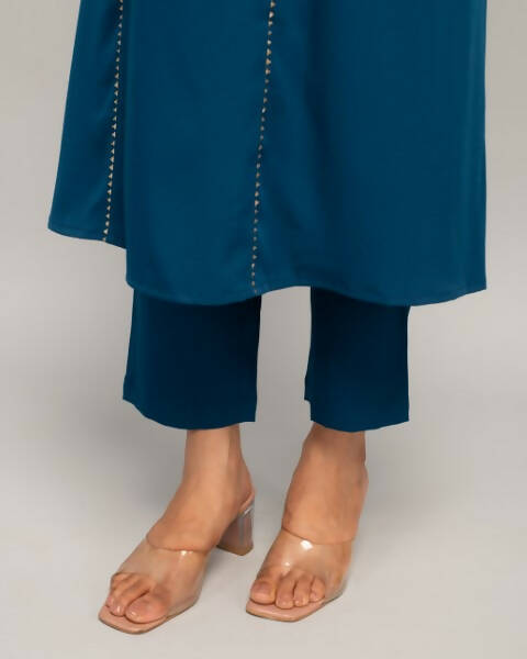 FIORRA Women's Teal Blue Creap A-Line Kurta Pant With Dupatta | Grocsy