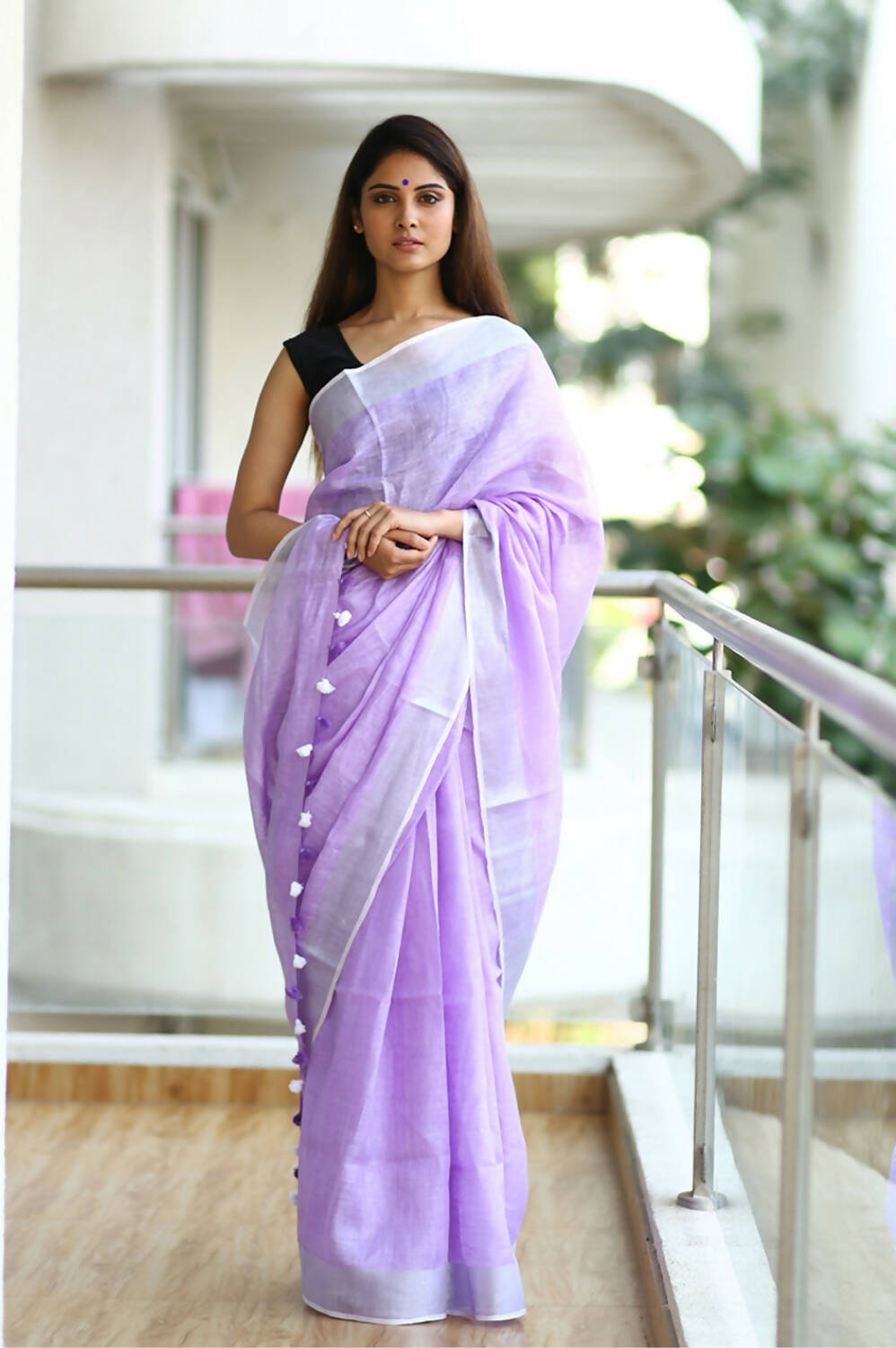 Very Much Indian Pure Linen Saree With Sleek Border And Exclusive Design - Lavender | Grocsy