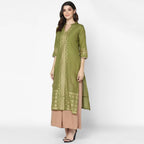 Cheera Hand Block Print Military Color Straight Kurta (MAAI-050K) | Grocsy