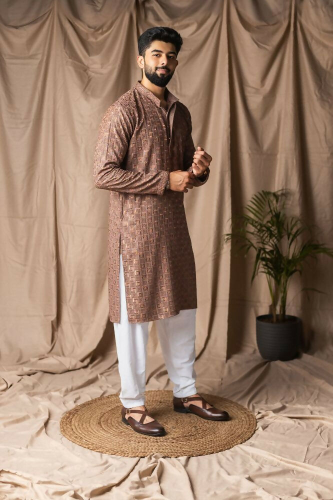 Brown Rayon Thread Embroidery Work Kurta Set - Mahotsav | Grocsy