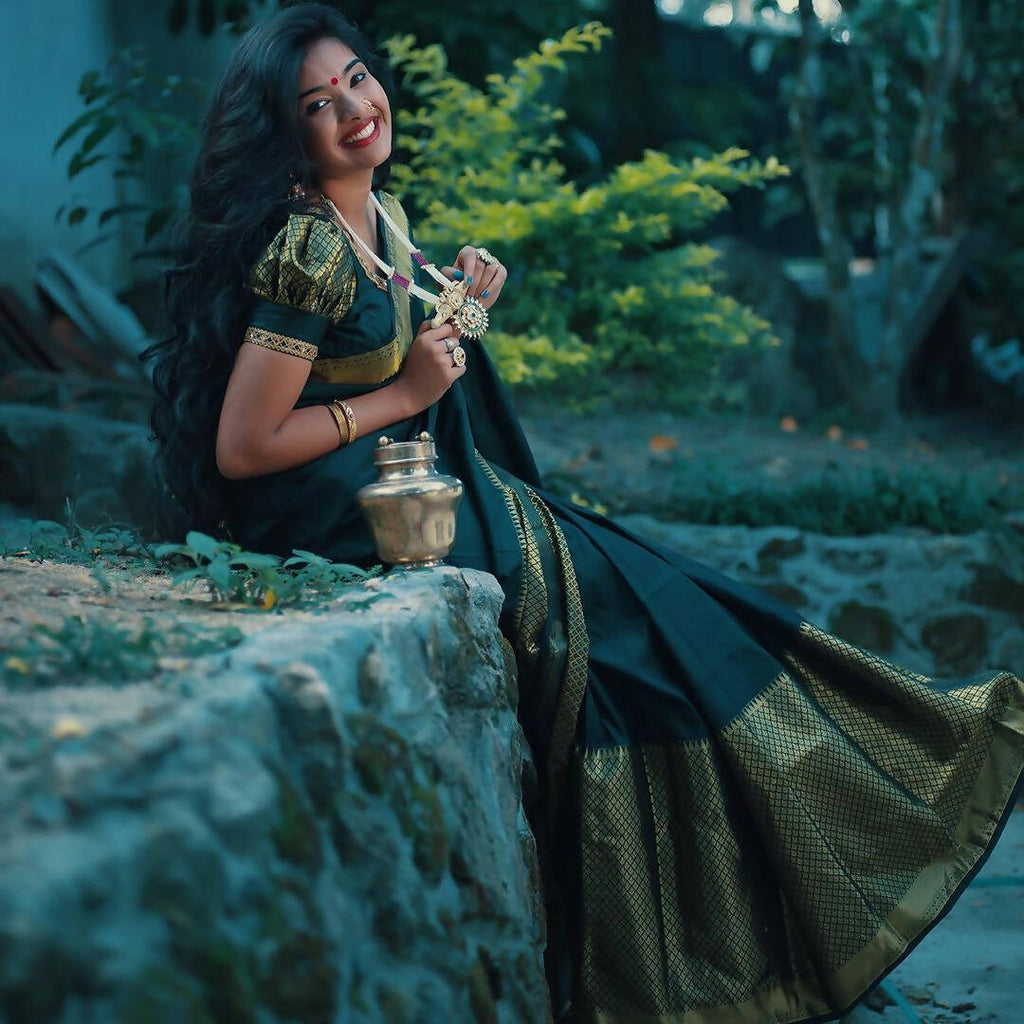 DEIANA'S Beautiful Designer Golden zari Soft Lichi Silk Saree - Navy Blue | Grocsy