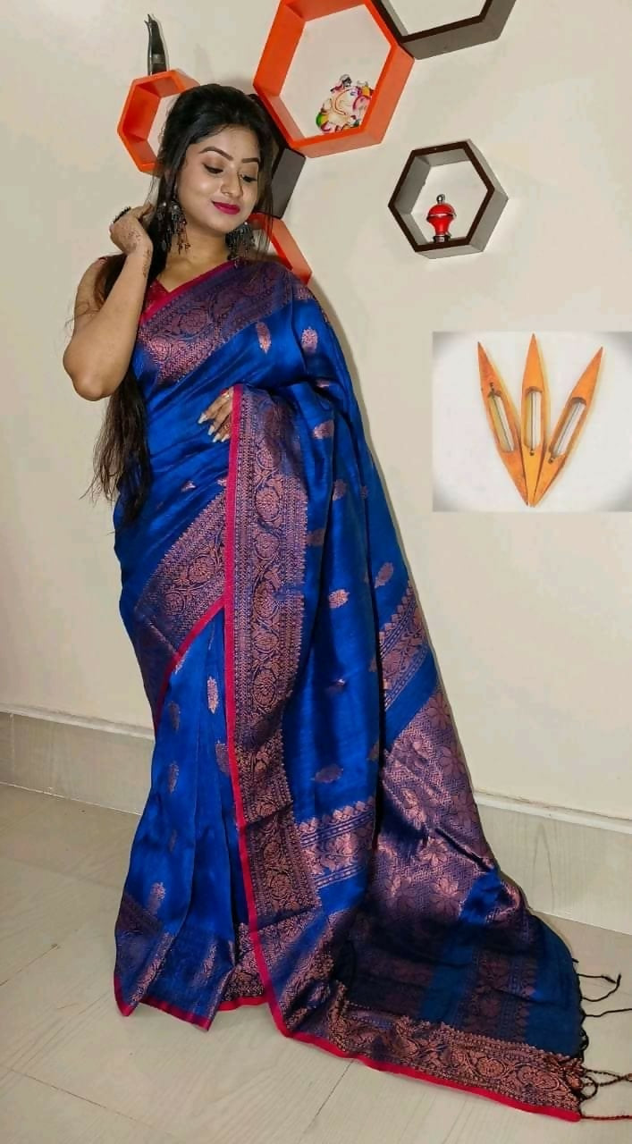 Exclusive Collection Beautiful Linen Banarashi Blue Pure Cotton Handloom Saree With Running Blouse Piece | Grocsy