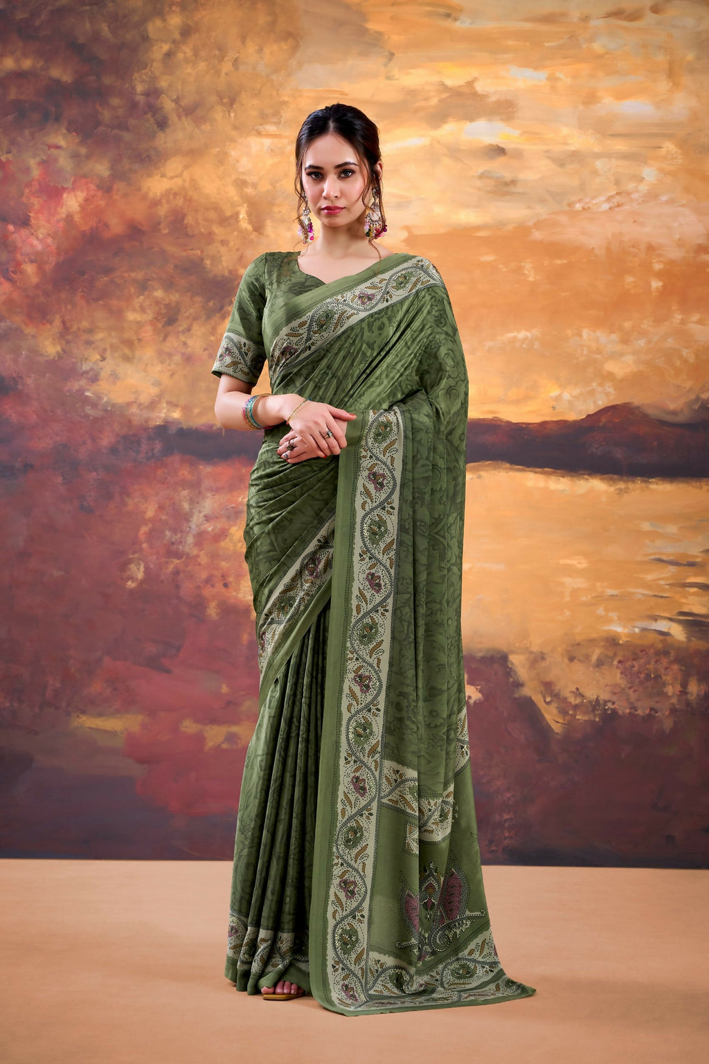 Vastranavya Mehendi Crepe Printed Saree with Unstitched Blouse | Grocsy