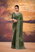 Vastranavya Mehendi Crepe Printed Saree with Unstitched Blouse | Grocsy