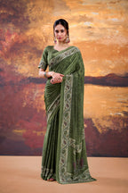 Vastranavya Mehendi Crepe Printed Saree with Unstitched Blouse | Grocsy