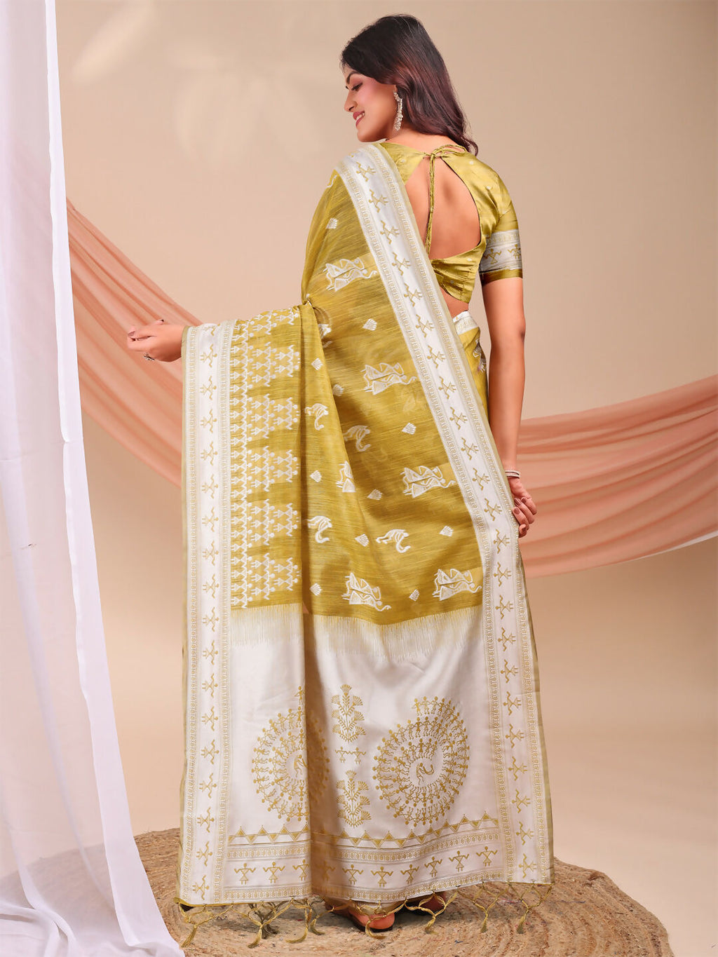 Shree Shyam Fashion Varnika Mustard Linen Cotton Saree | Grocsy