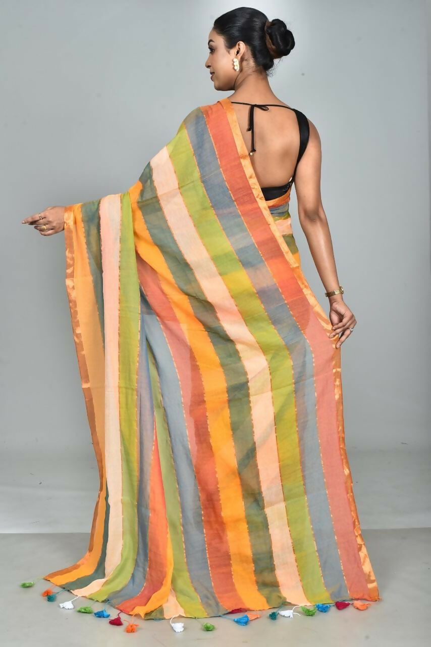 Exclusive Collection Beautiful Multi3 Pure Cotton Woven Handloom Saree With Running Blouse Piece | Grocsy