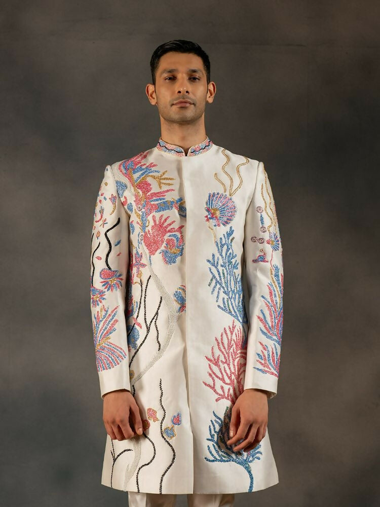 Off White Aqua Hand Embroideried Indowestern Sherwani by Hilo Design | Grocsy
