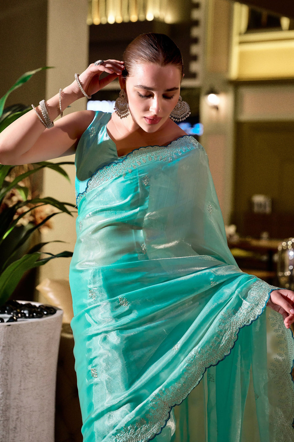 Vastranavya Turquoise Embroidery Work Shimmer Chiffon Saree with Unstitched Blouse | Grocsy