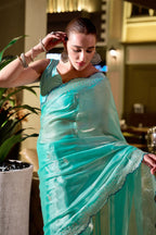 Vastranavya Turquoise Embroidery Work Shimmer Chiffon Saree with Unstitched Blouse | Grocsy