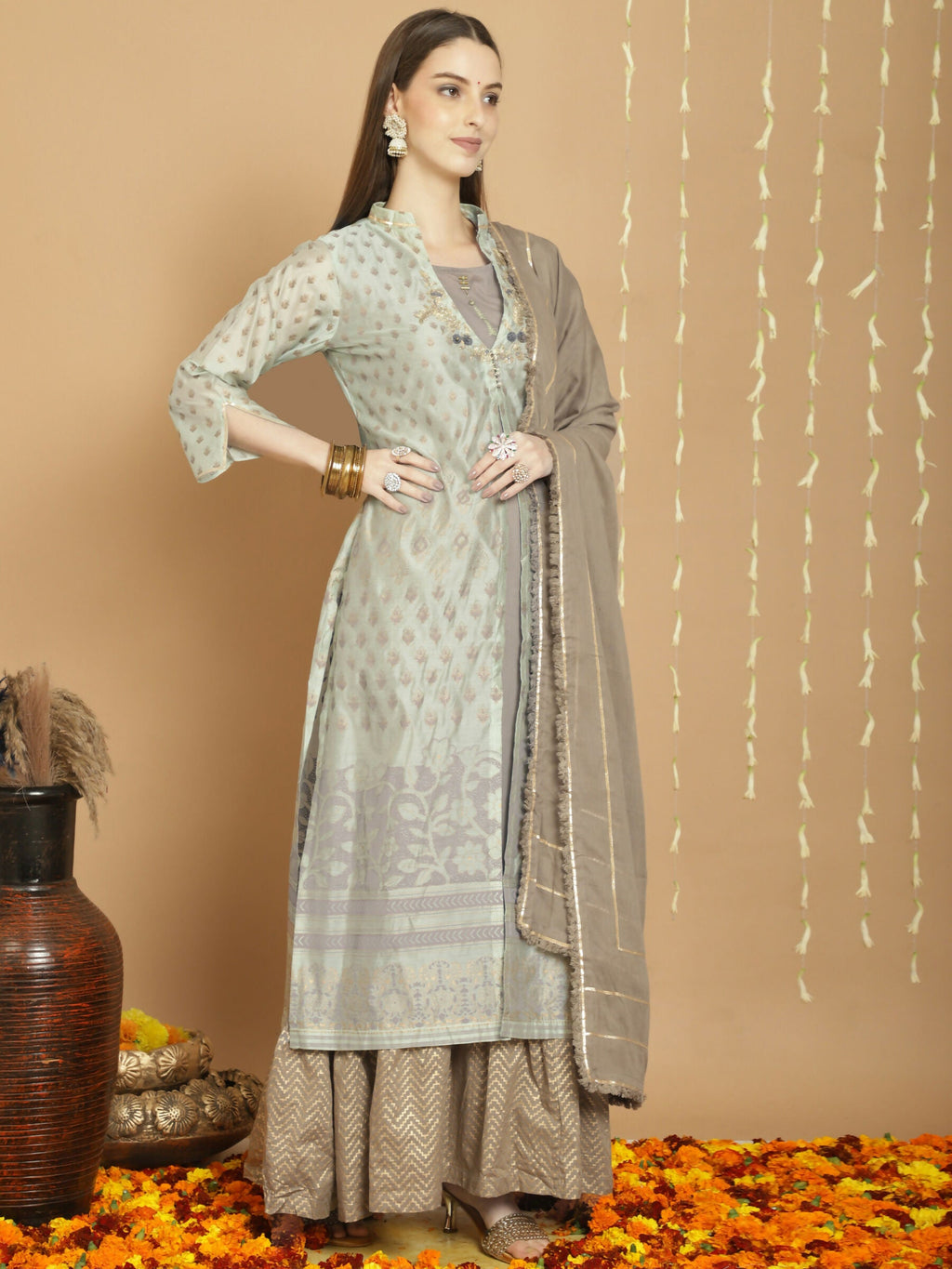 Jyoti Fashion Women's Green Chanderi Silk Elegant Jardoshi Semi Kurta with Trouser & Dupatta | Grocsy