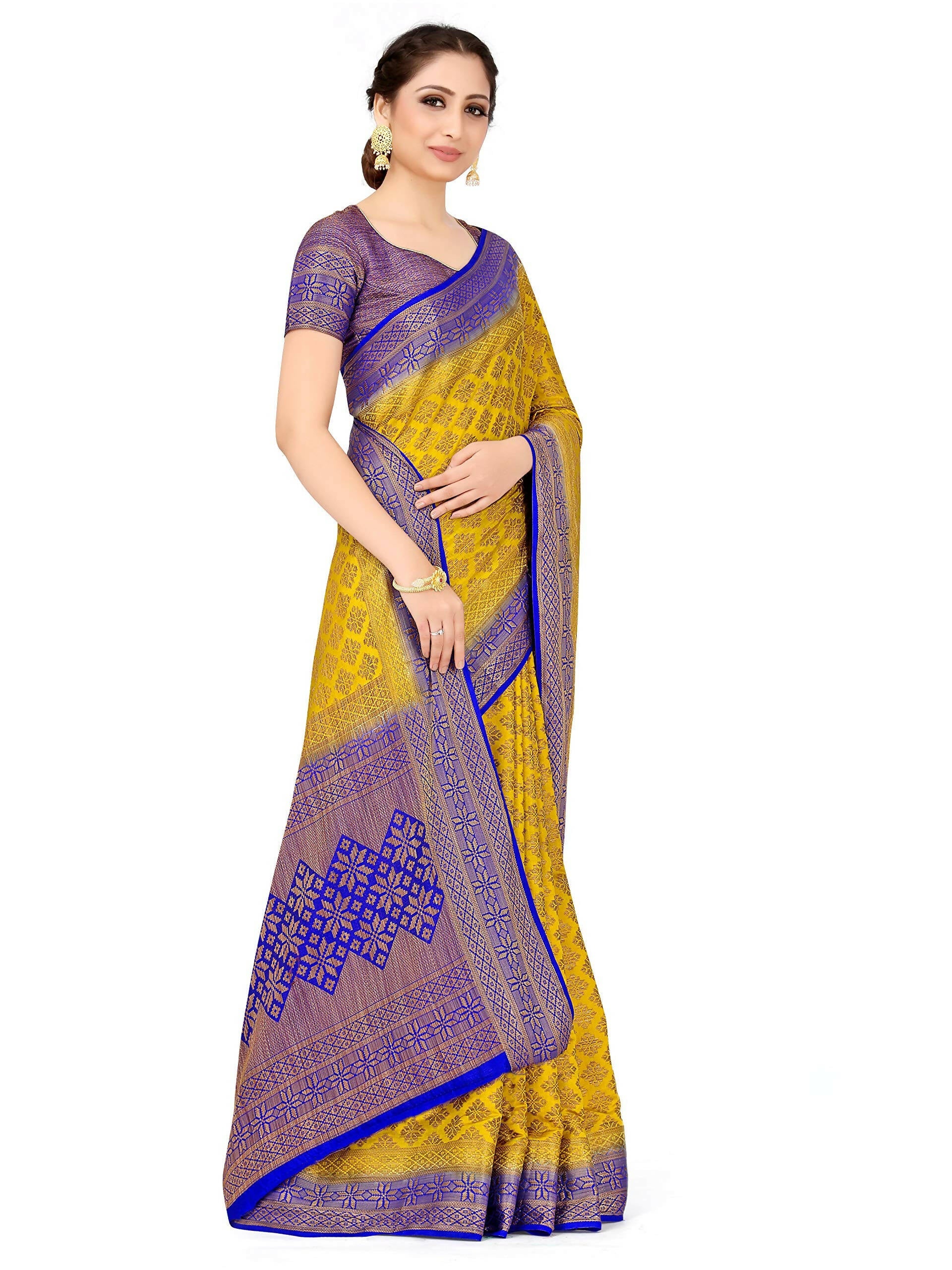 Mimosa Women's Mustard Yellow Patola Art Silk Saree | Grocsy