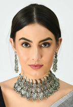 Mominos Fashion Johar Kamal Oxidised Silver-Plated Brass Finish Temple Jewellery with Earrings For Women