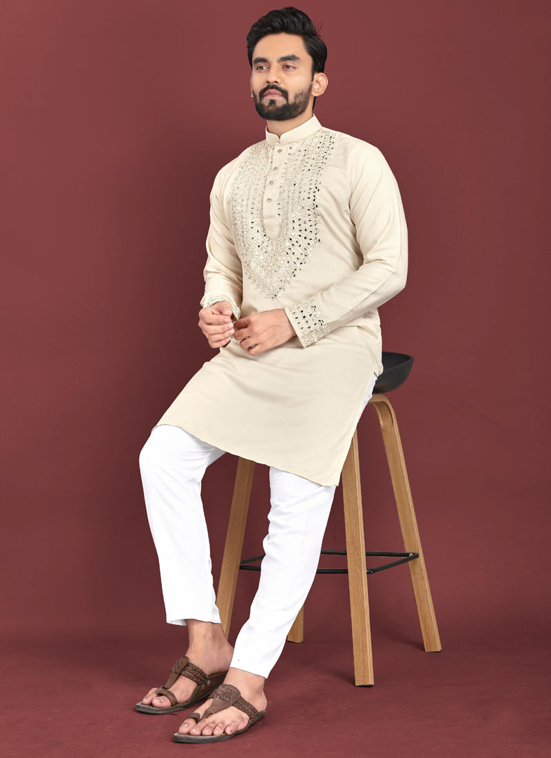 Prazu Fashion Off White Soft Silk Real Mirror Work Kurta | Grocsy