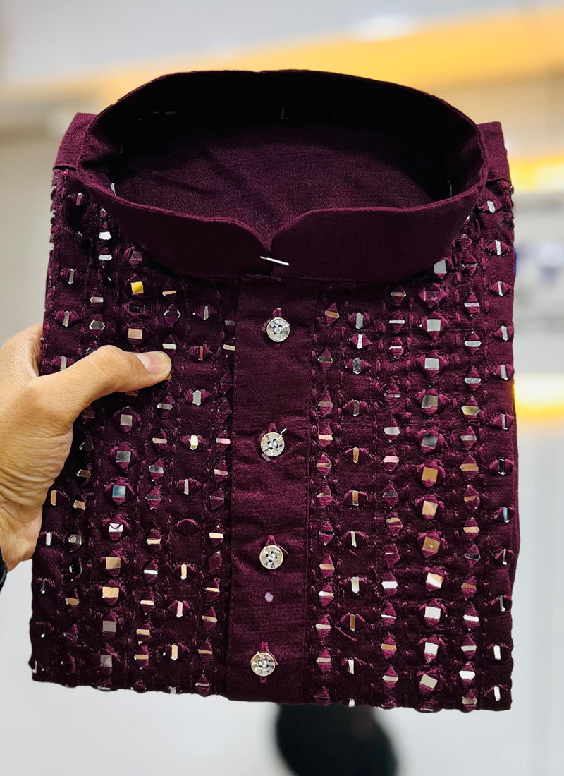 Prazu Fashion Wine Soft Silk Real Mirror Work Kurta | Grocsy