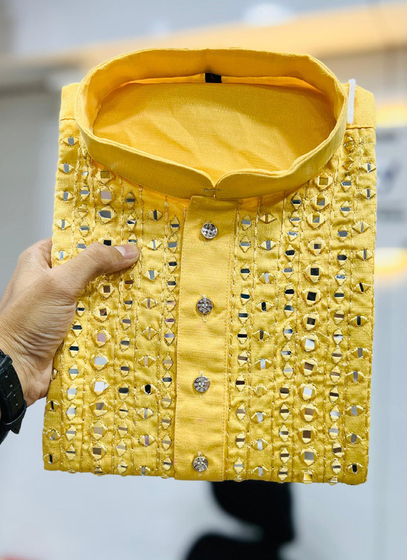 Prazu Fashion Yellow Soft Silk Real Mirror Work Kurta | Grocsy