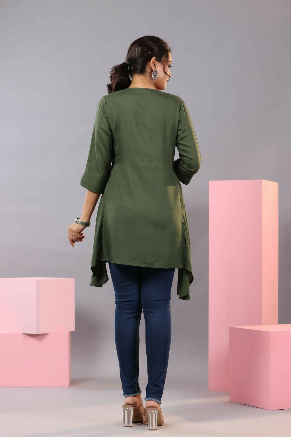 Juniper Women Olive Rayon Solid Asymmetric Kurta | Grocsy