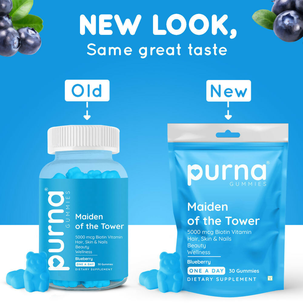 Purna Gummies Biotin Blueberry Flavour Gummies with Vitamin B 12 for Stronger Hair and Nails | Grocsy