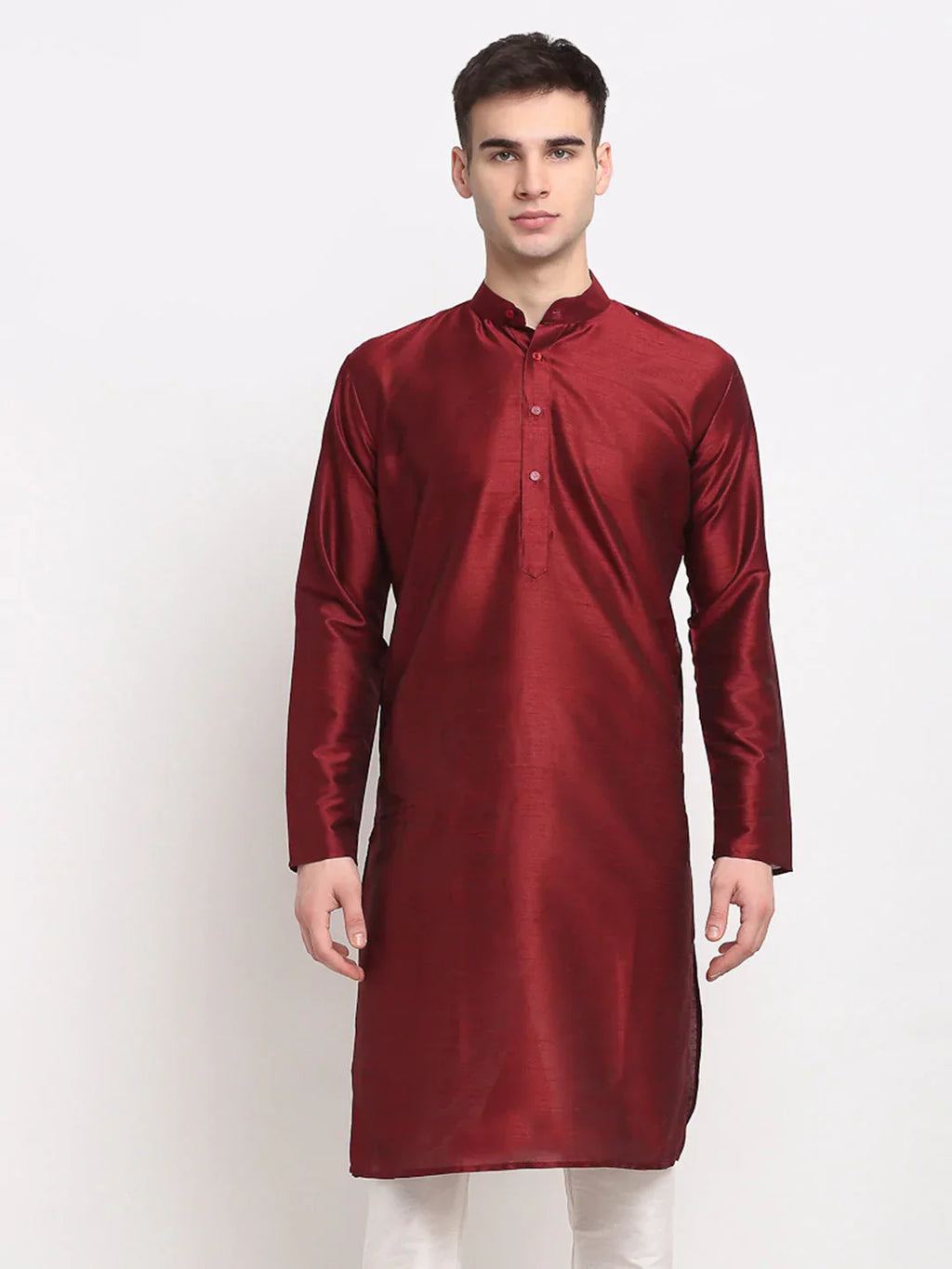 Jompers Men's Maroon Solid Dupion Silk Kurta Only | Grocsy