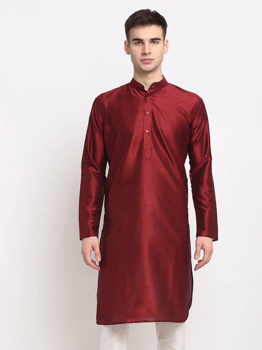 Jompers Men's Maroon Solid Dupion Silk Kurta Only | Grocsy