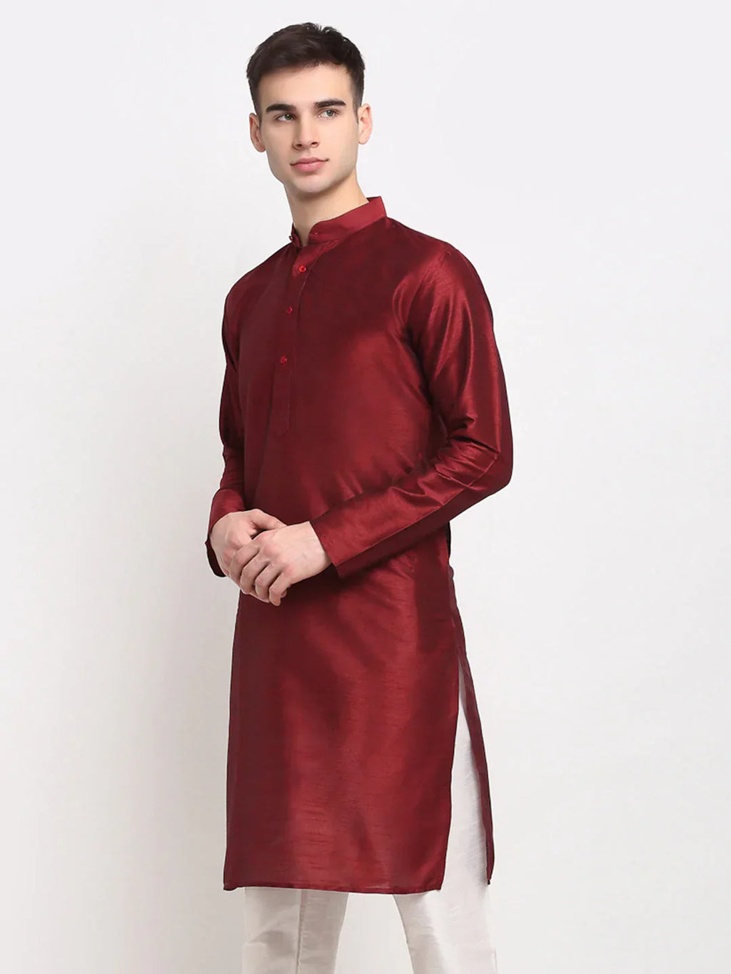 Jompers Men's Maroon Solid Dupion Silk Kurta Only | Grocsy