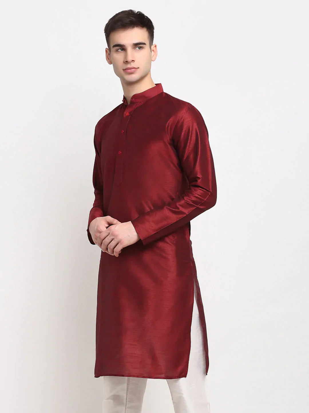 Jompers Men's Maroon Solid Dupion Silk Kurta Only | Grocsy
