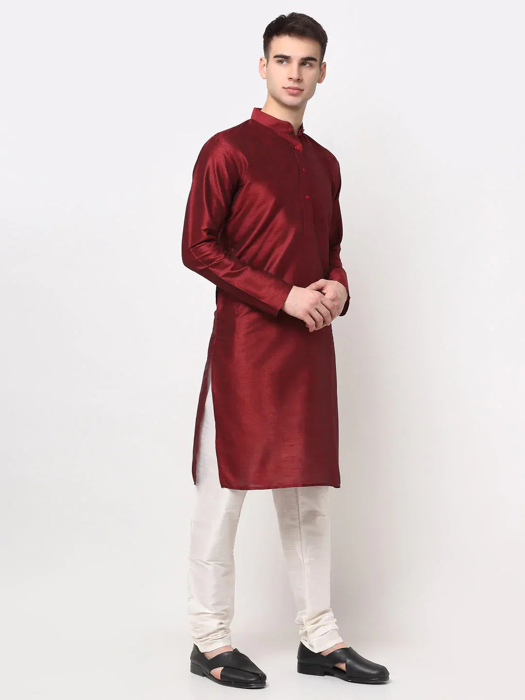 Jompers Men's Maroon Solid Dupion Silk Kurta Only | Grocsy