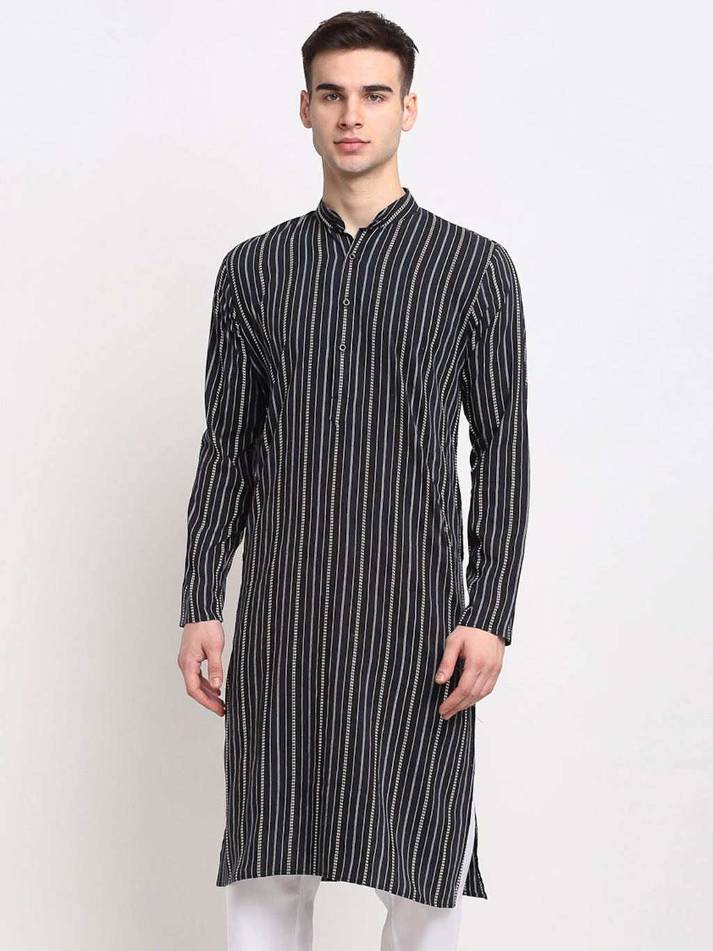 Jompers Men's Black Cotton Striped Kurta Only | Grocsy