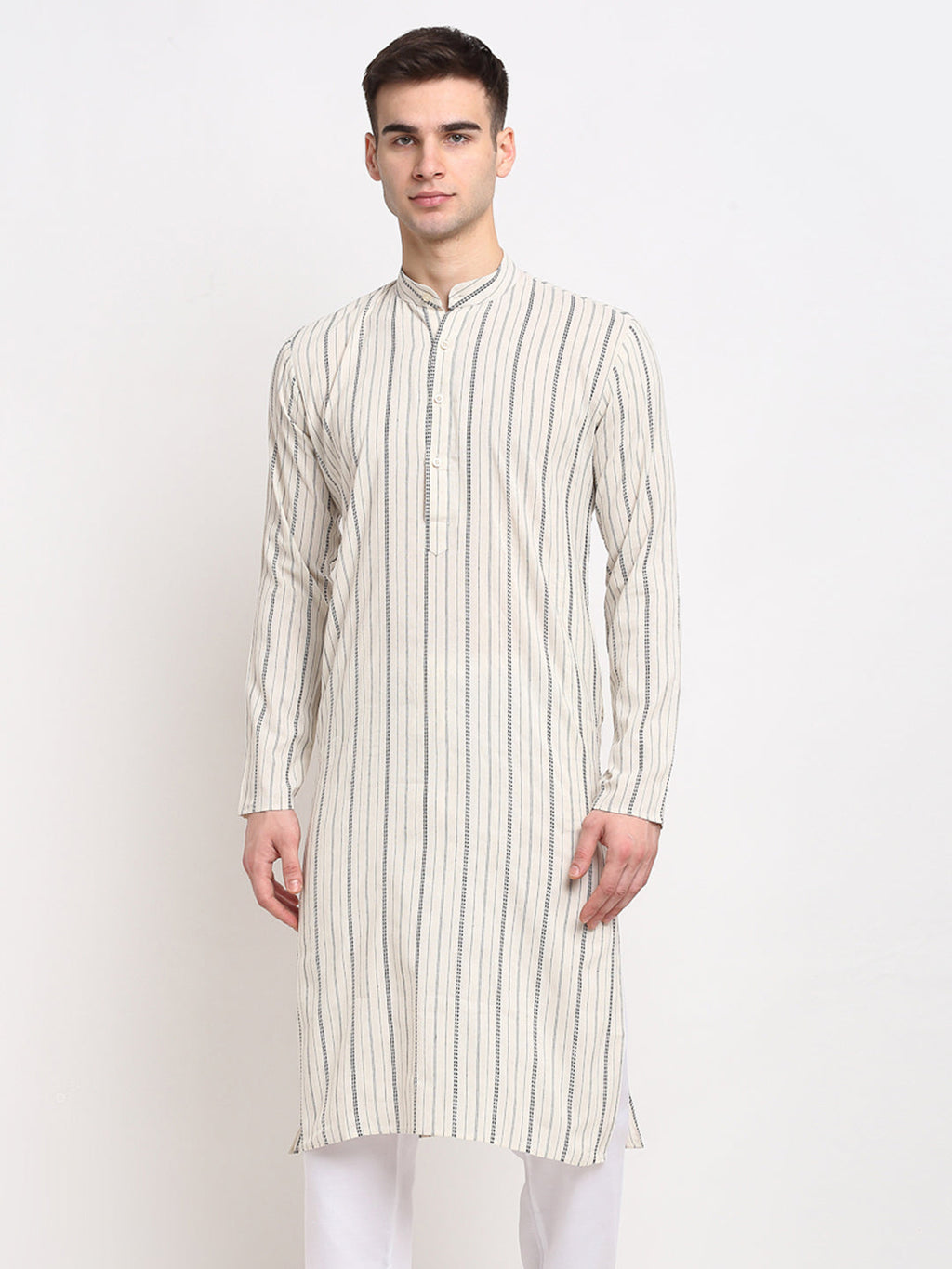 Jompers Men's Cream Cotton Striped Kurta Only | Grocsy