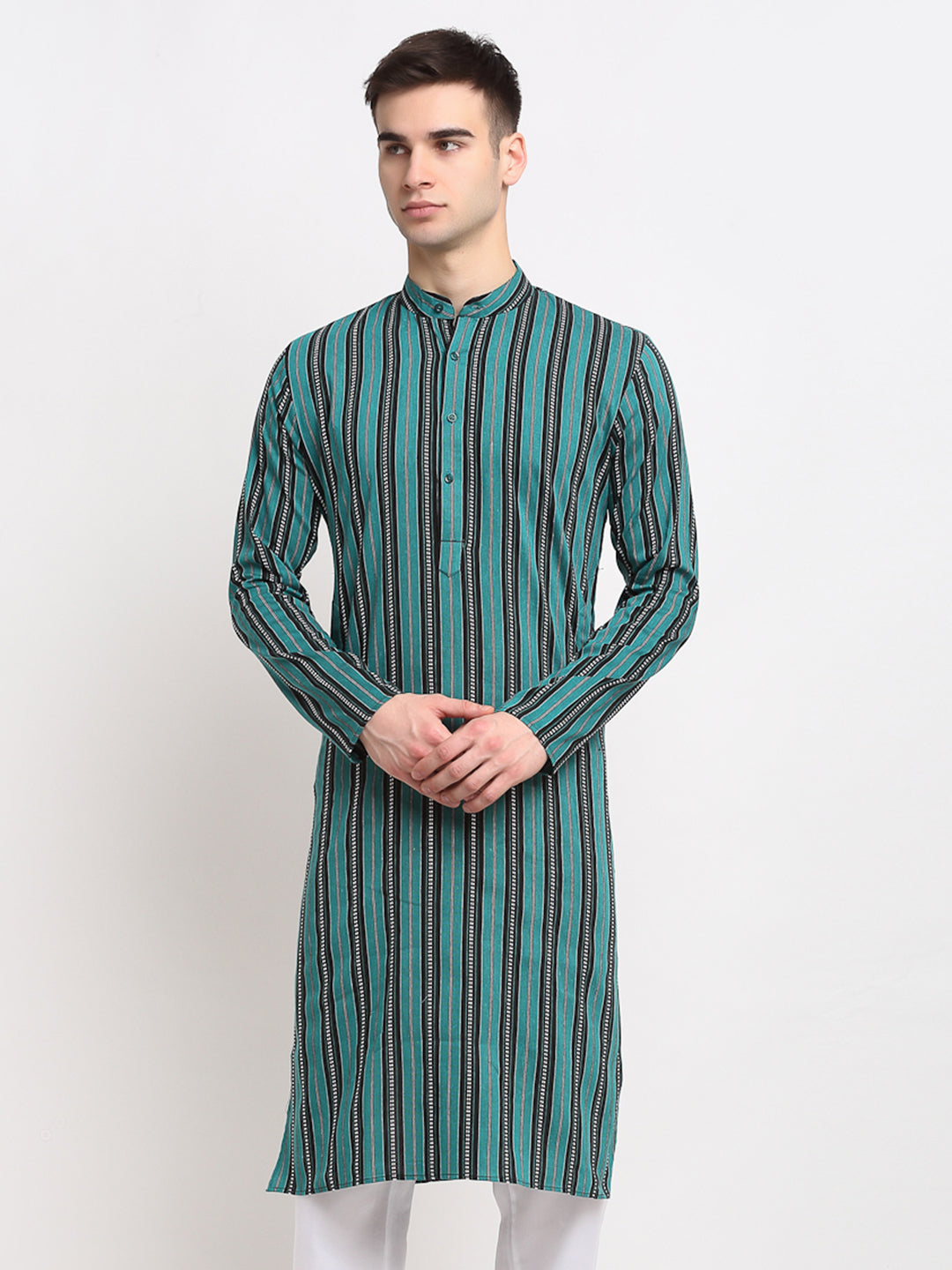 Jompers Men's Green Cotton Striped Kurta Only | Grocsy