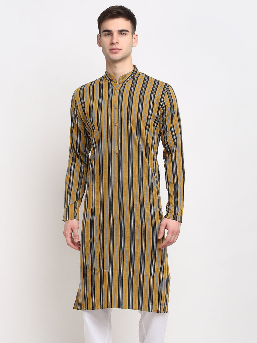 Jompers Men's Mustard Cotton Striped Kurta Only | Grocsy