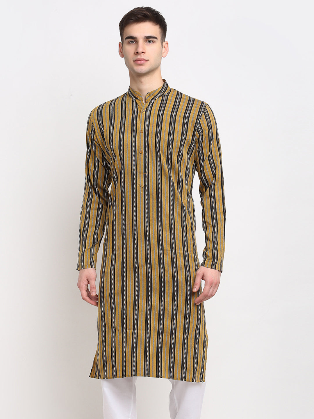Jompers Men's Mustard Cotton Striped Kurta Only | Grocsy