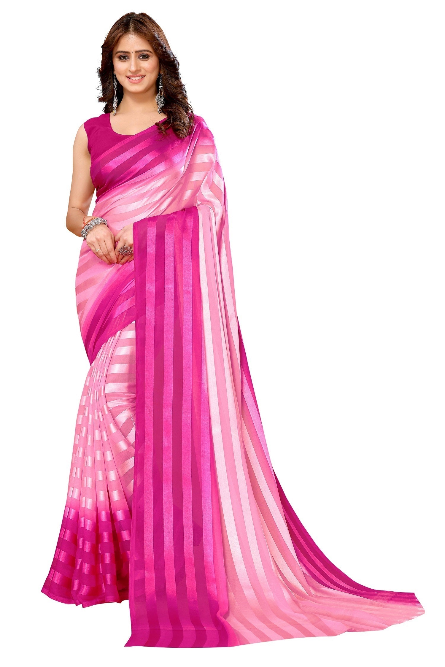 Vamika Georgette Satin Pink Desinger Satin Patta Saree | Grocsy
