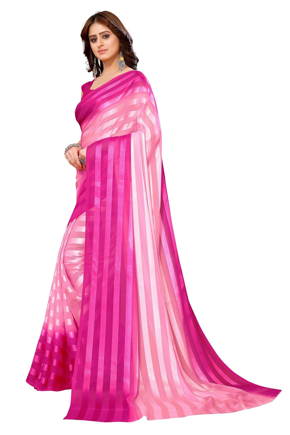 Vamika Georgette Satin Pink Desinger Satin Patta Saree | Grocsy