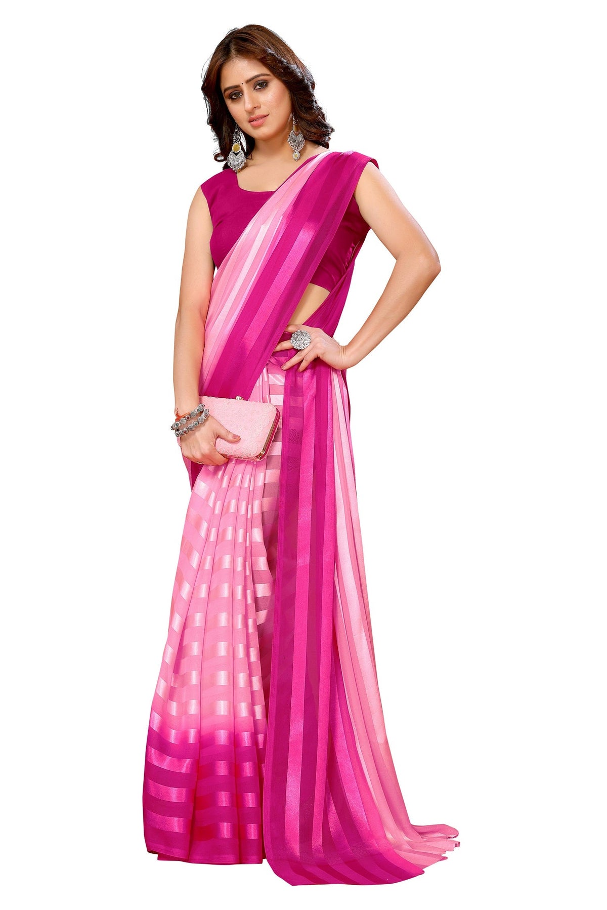 Vamika Georgette Satin Pink Desinger Satin Patta Saree | Grocsy