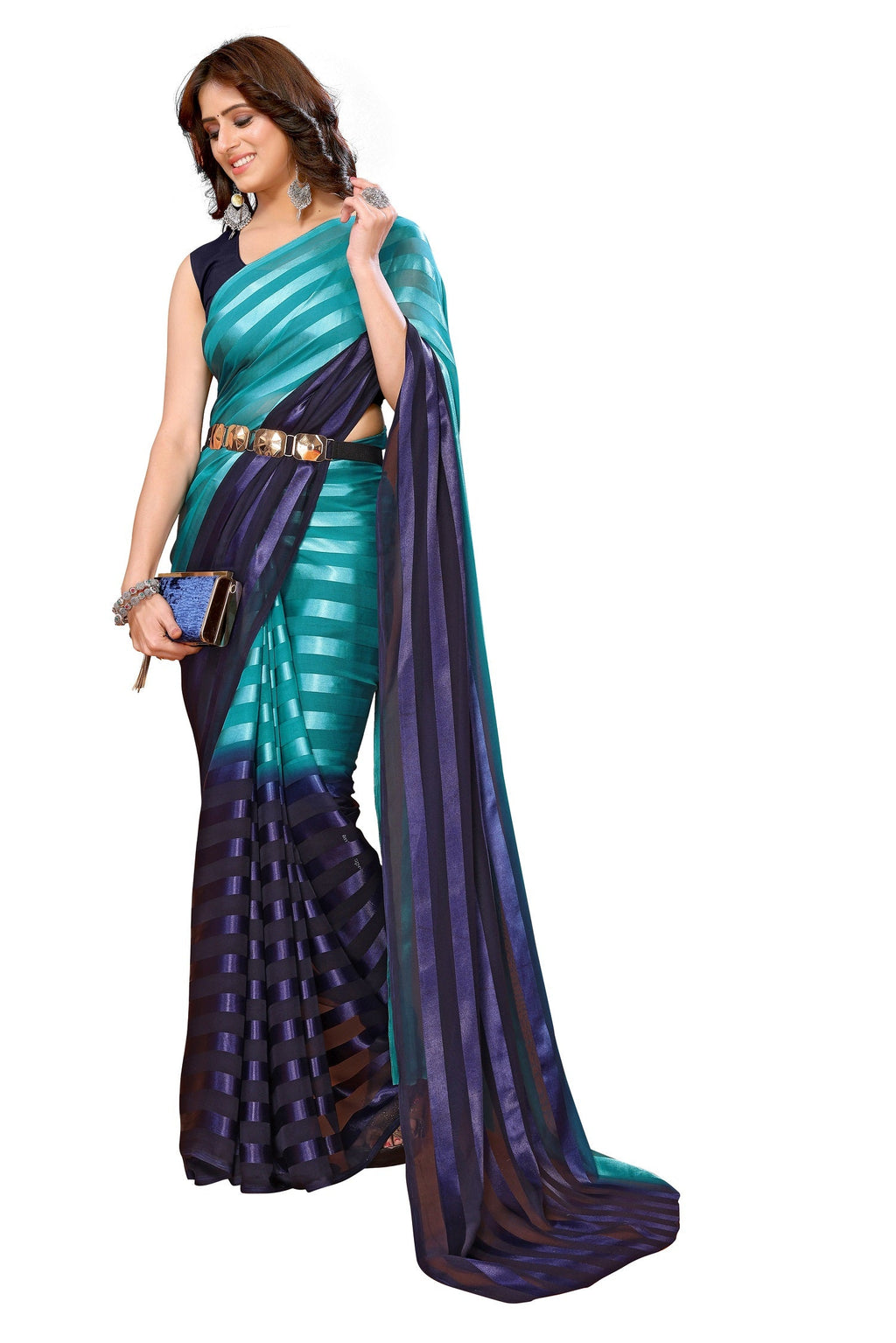 Vamika Georgette Satin Green Desinger Satin Patta Saree | Grocsy