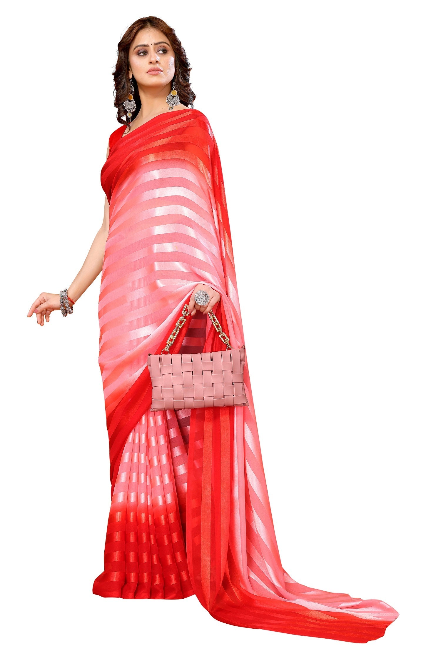 Vamika Georgette Satin Red Desinger Satin Patta Saree | Grocsy