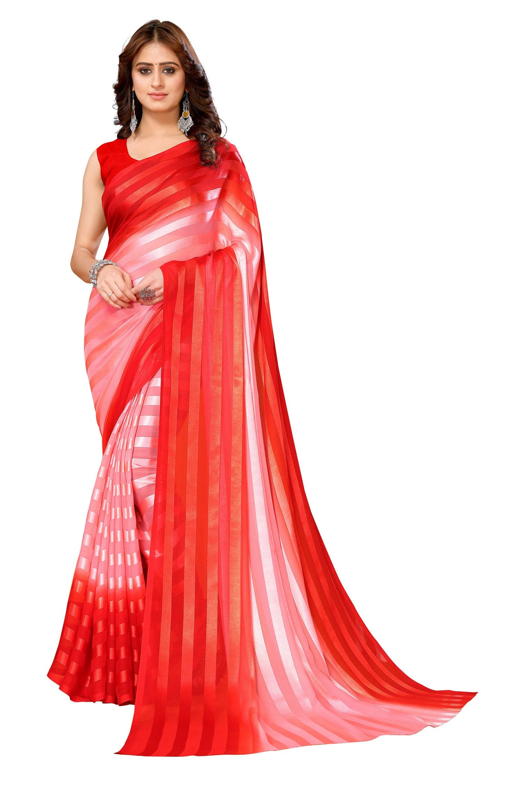 Vamika Georgette Satin Red Desinger Satin Patta Saree | Grocsy