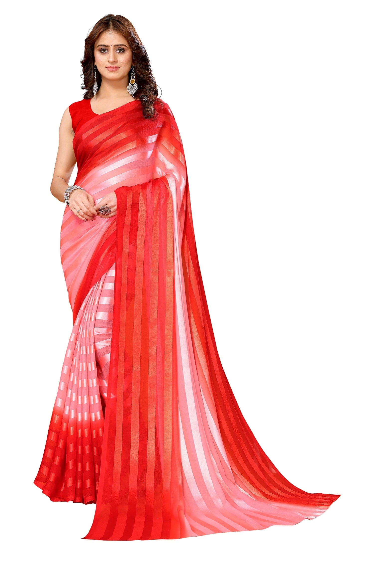 Vamika Georgette Satin Red Desinger Satin Patta Saree | Grocsy