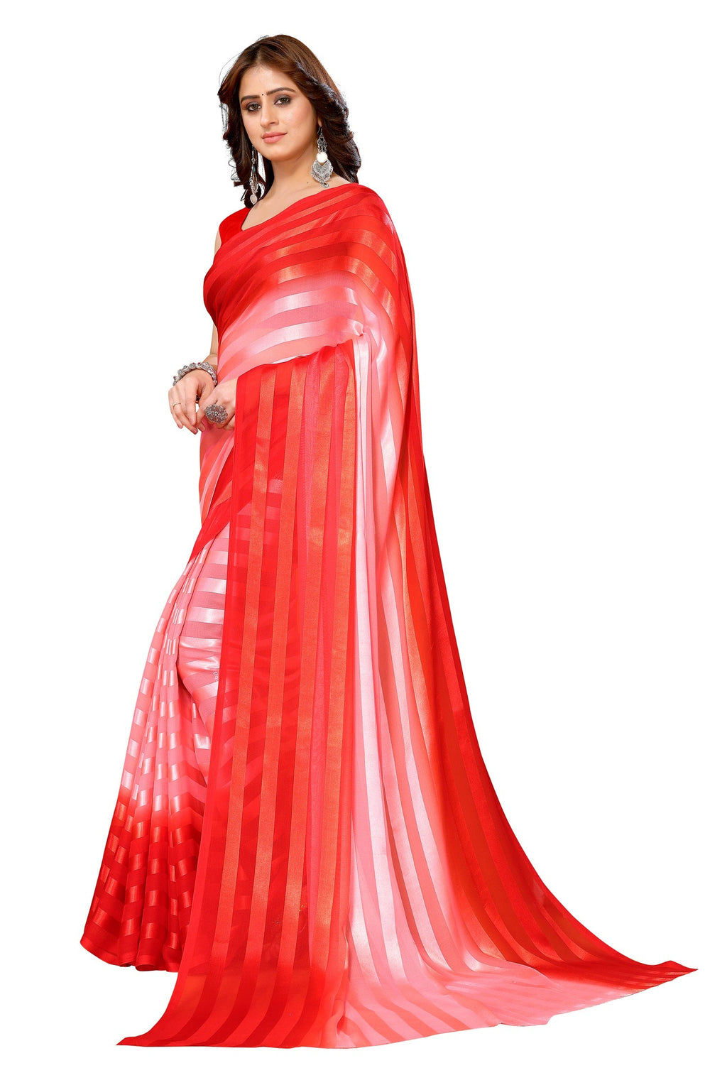 Vamika Georgette Satin Red Desinger Satin Patta Saree | Grocsy
