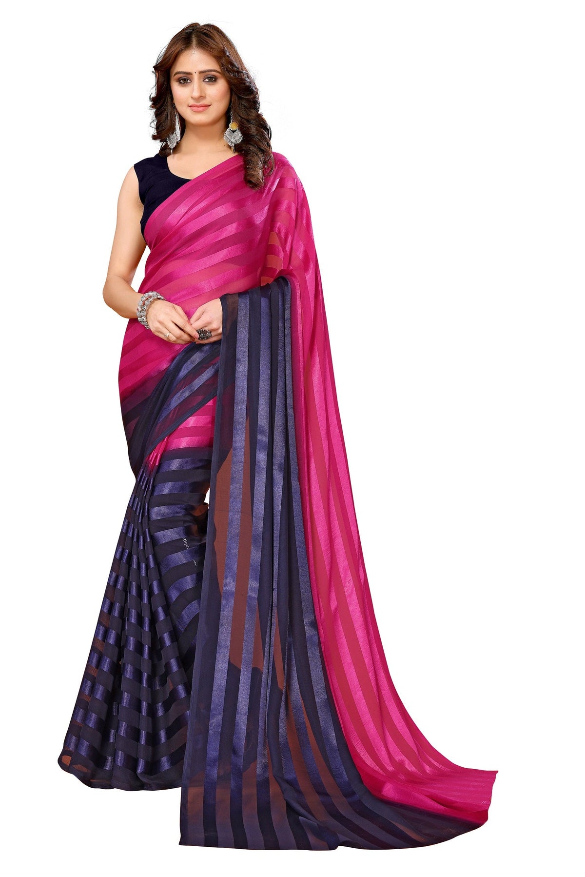 Vamika Georgette Satin Navy Desinger Satin Patta Saree | Grocsy