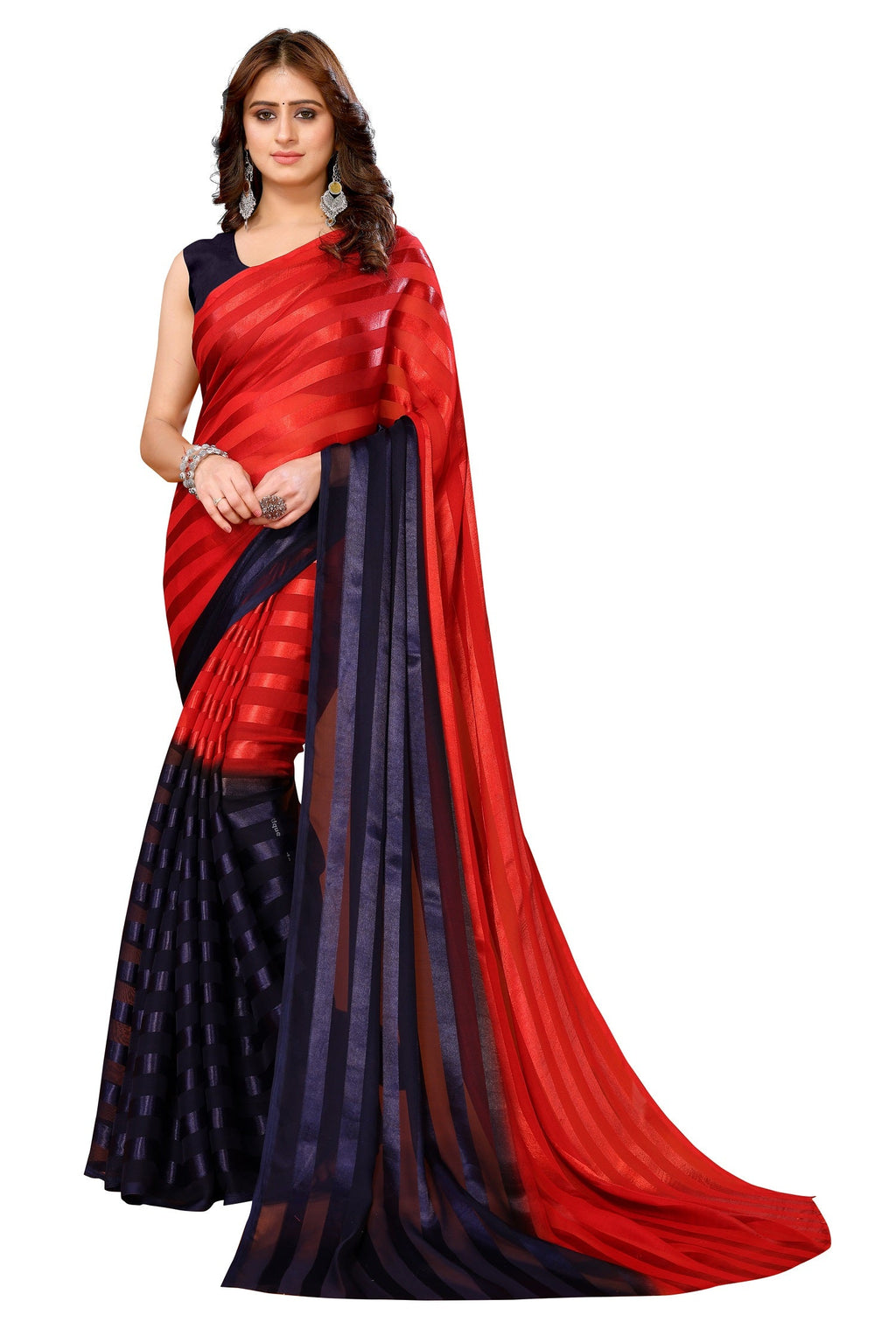 Vamika Georgette Satin Red Desinger Satin Patta Saree | Grocsy