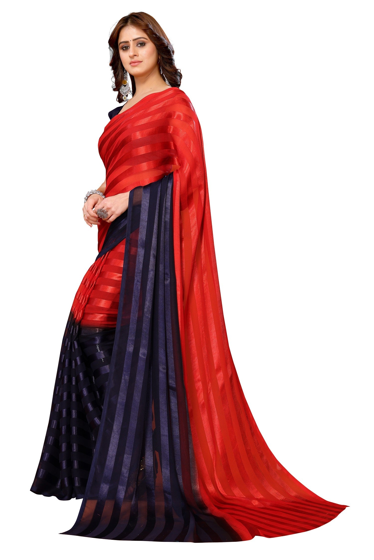 Vamika Georgette Satin Red Desinger Satin Patta Saree | Grocsy